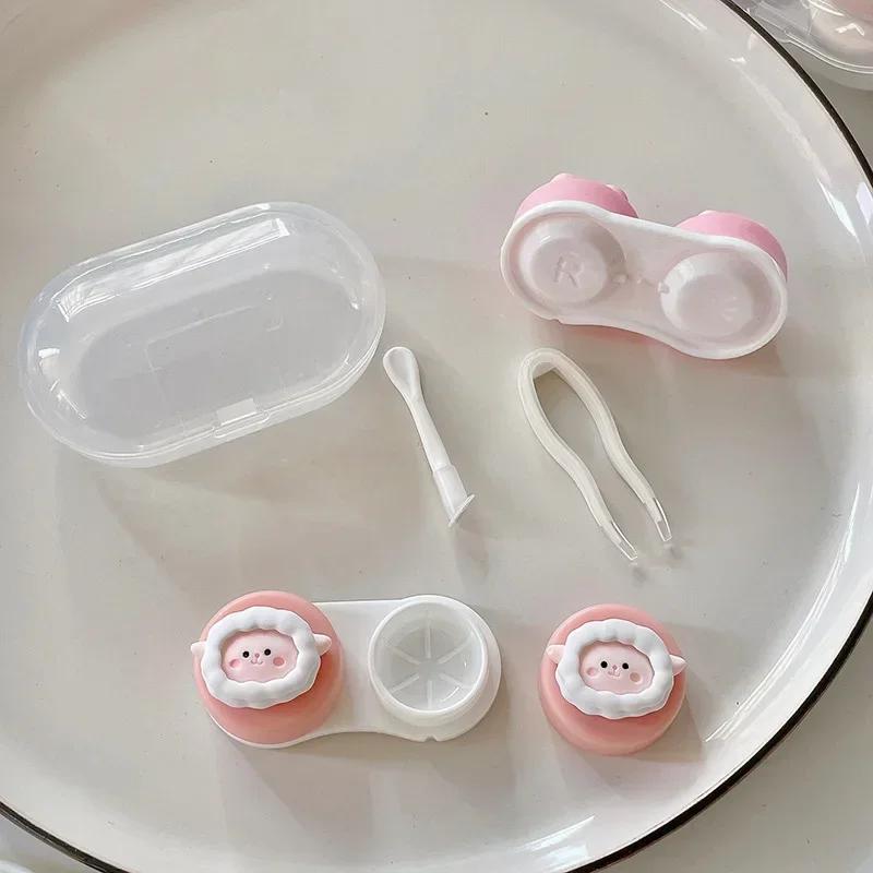 Travel Women Contact Lense Kit Holder Container Cute Cartoon Animal Style Contact Lens Case with Tweezers Suction Stick