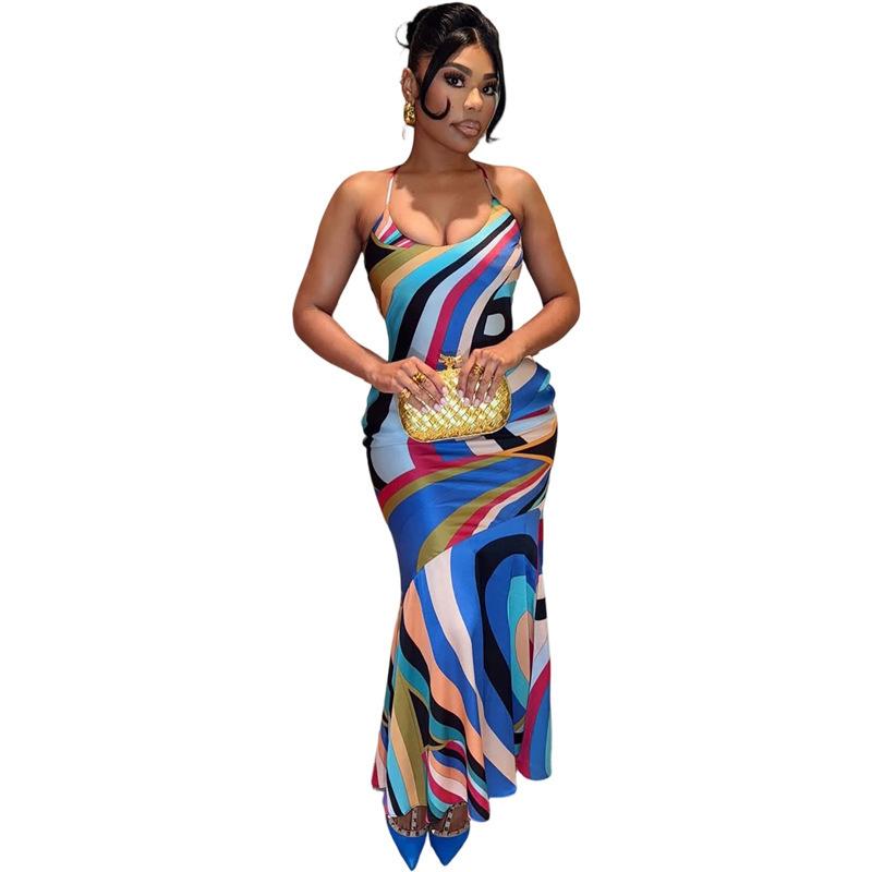 European and American style summer new personalized street digital printing low-cut backless high-waisted thin dress
