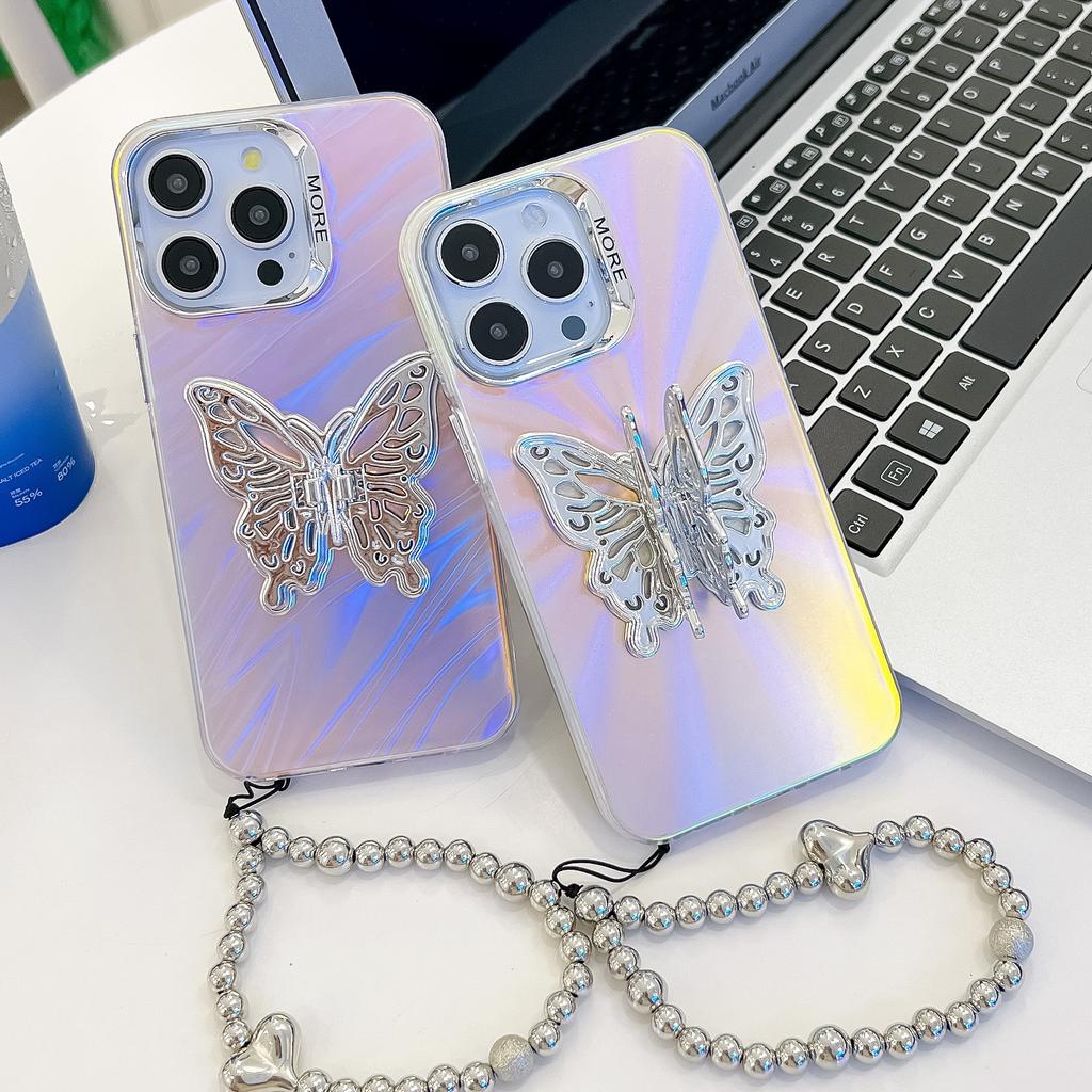 For Apple 16E Three-dimensional Butterfly Stand Electroplated Laser for IPhone15promax Bracelet Mobile Phone Case