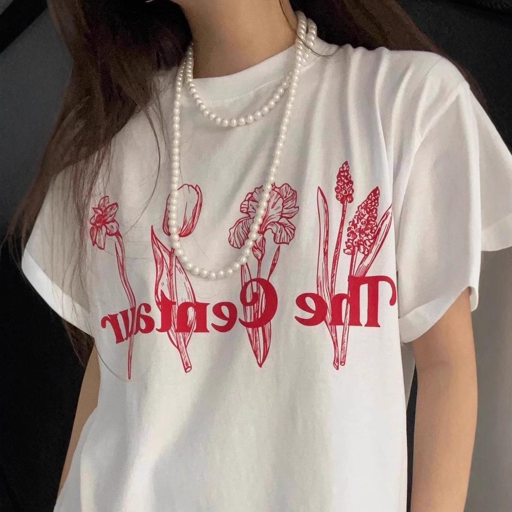 American Printed Letter Cotton Short-sleeved T-shirt Women's Lazy Loose Round Neck Top Summer New Inner and Outer Wear