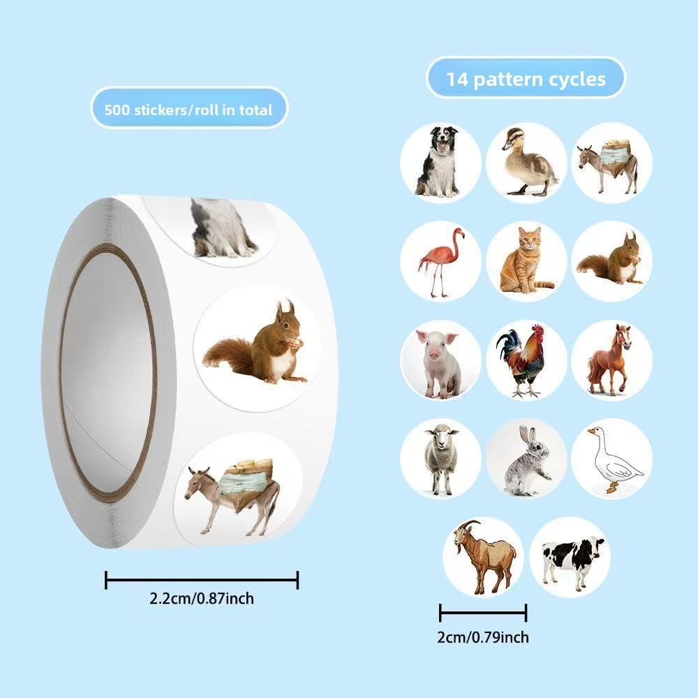 Round Animal Sticker Roll 500 Stickers 14 Pattern Cycles Farm And Pet Designs 2 Cm