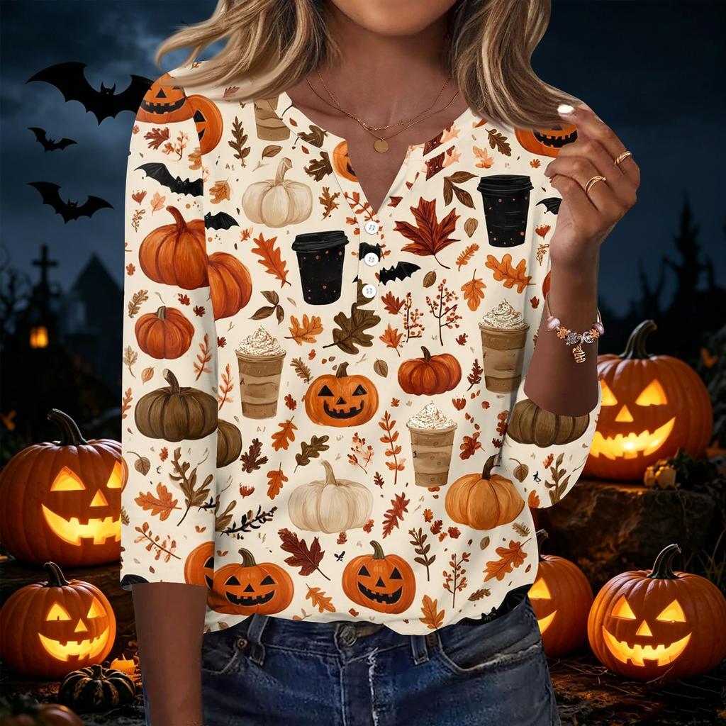 Women's Casual Halloween Print V Neck Button Front Three Quarter Sleeve T Shirt Top with Spooky Haunted House Design for Fall
