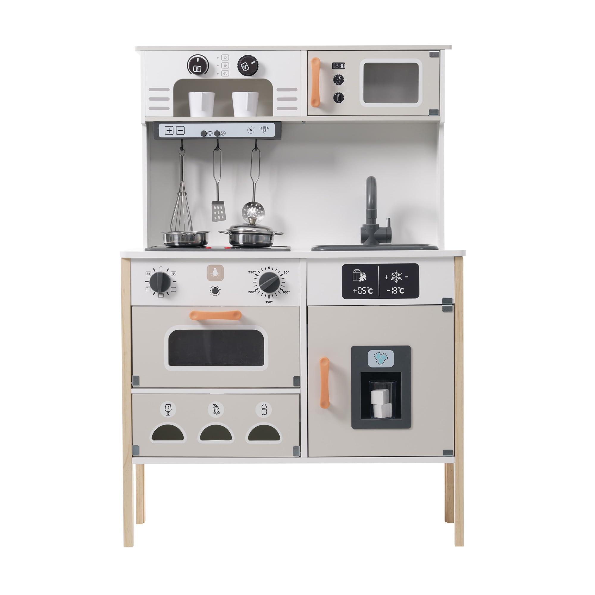BTM Play Kitchen Set with Realistic Pizza, Whisk, Wooden Coffee Maker, Cooking Utensils, Stove, Refrigerator, Ice Maker, Microwave - Educational Toy