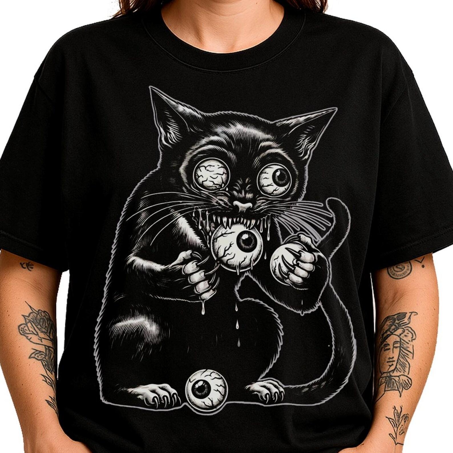 Creepy Cat Eyeballs T-Shirt: Weirdcore Gothic Graphic Tee 2XL