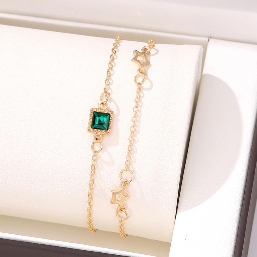 4 Piece Women Retro Geometric Love Star Set Green Diamond Square Bracelet And Bracelet Set Fashionable And Versatile Handpiece