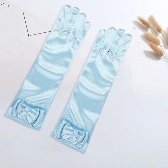 1 Pair Children Performance Gloves Faux Pearl Bow Decor Solid Color Full Fingers Satin Flower Girls Gloves Princess Style Cosplay Gloves