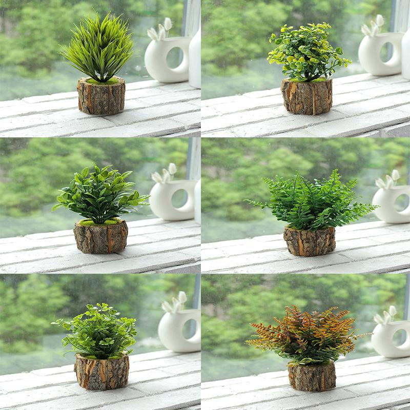Creative Wooden Basin with Artificial Green Plant Bonsai Ornament for Display and Decoration.