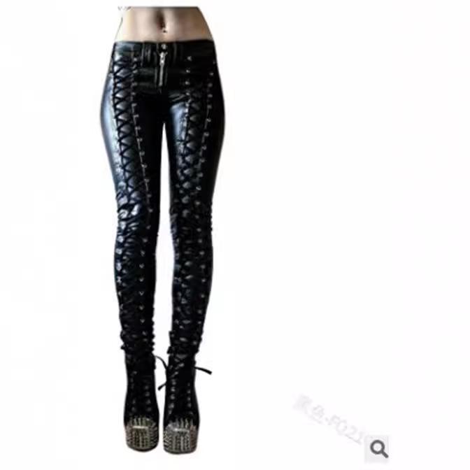2024 Women's Strappy PU Leather Mid-Waist Casual Pencil Pants, Solid Color Trendy Long Design