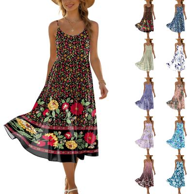 Women's Summer Fashion Printed Pocket Adjustable Shoulder Strap Bohemian Leisure Beach Resort Strap Dress