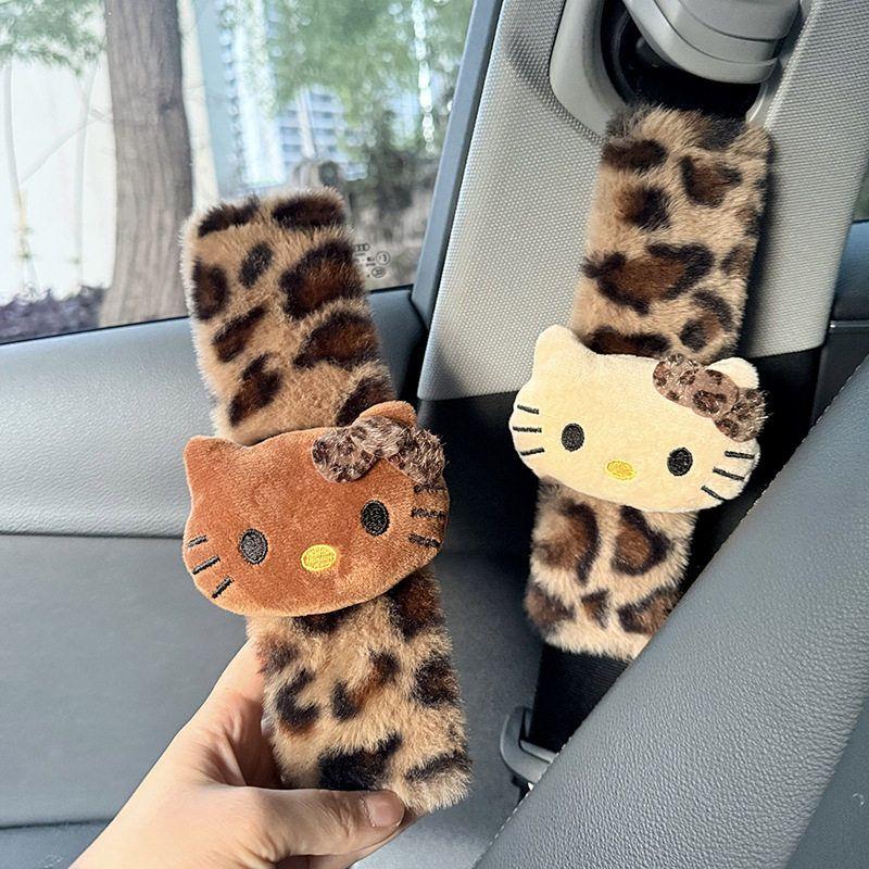 Melard Leopard Print Hello Kitty Plush Car Seatbelt Shoulder Pad Car Interior Decoration Gift for New Car
