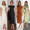 2026 Summer Womens Sexy Dress Elegant Solid Satin Swinging Neck Short Sleeve Dress Back Twisted Hollow Mid Length Dresses 28311