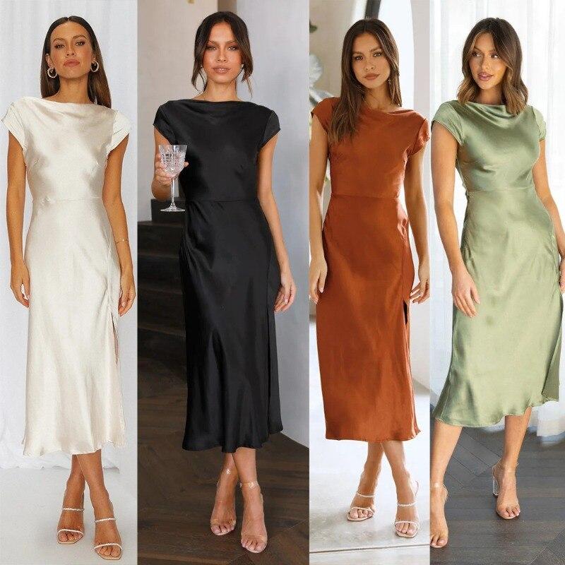 2026 Summer Womens Sexy Dress Elegant Solid Satin Swinging Neck Short Sleeve Dress Back Twisted Hollow Mid Length Dresses 28311