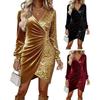 Women's Sequin Velvet Wrap Mini Dress Long Sleeve V Neck Ruched Bodycon Dress Wedding Guest Evening Gown Formal Cocktail Party Dress