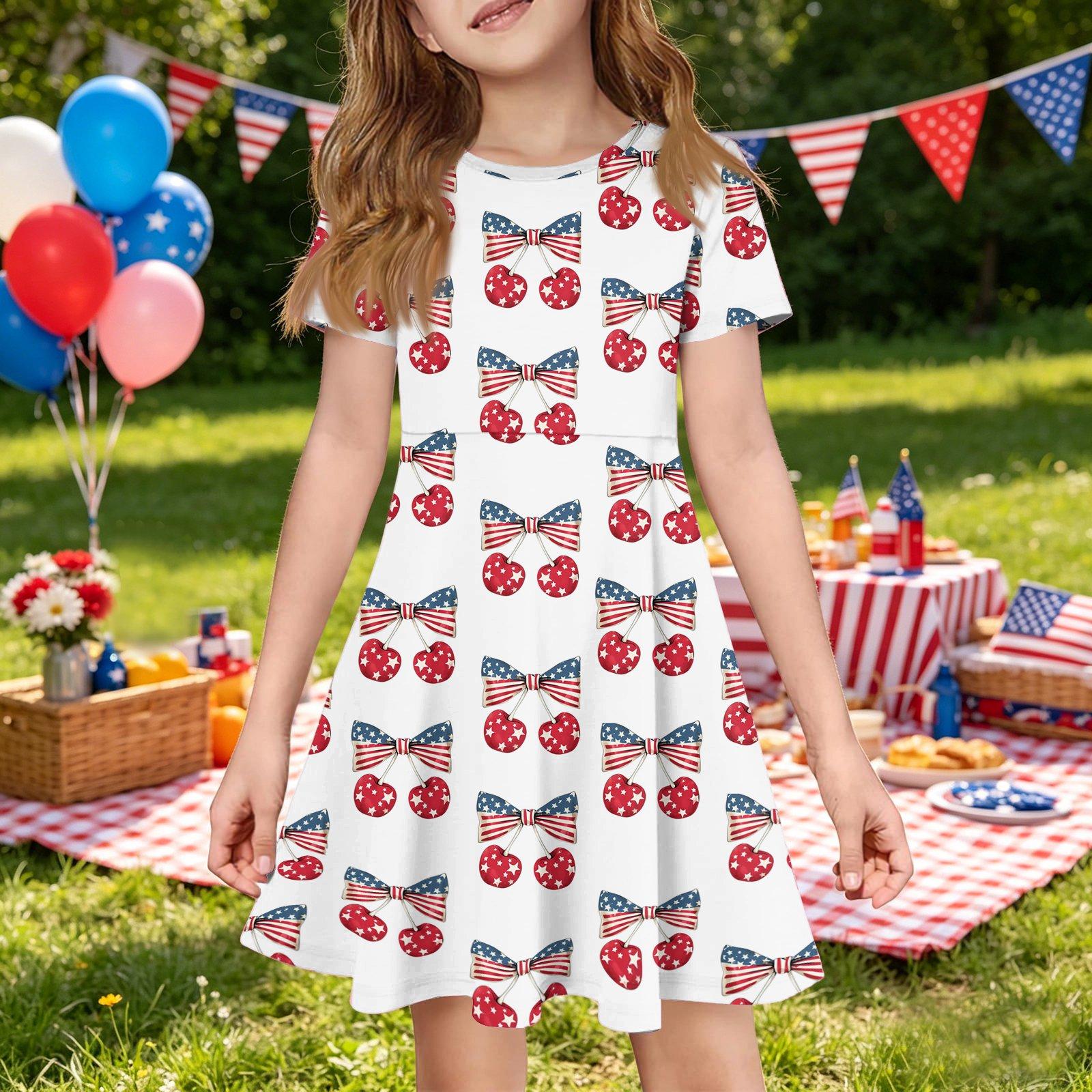 Girls Independence Day Printed Short Sleeve Dress with Pocket Casual Summer Toddler Skater Dress for Kids 130