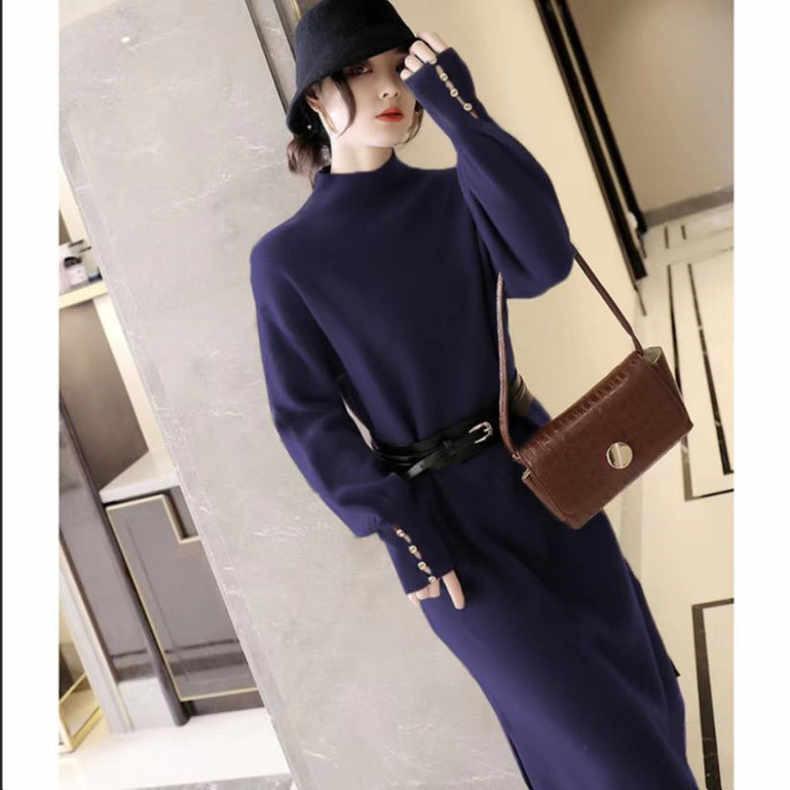 Knitted dress women's autumn and winter lantern sleeves temperament socialite new belt waist half turtleneck sweater long dress