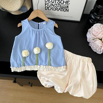 Girls' Korean Floral Sleeveless Vest & Shorts 2-Piece Summer Set