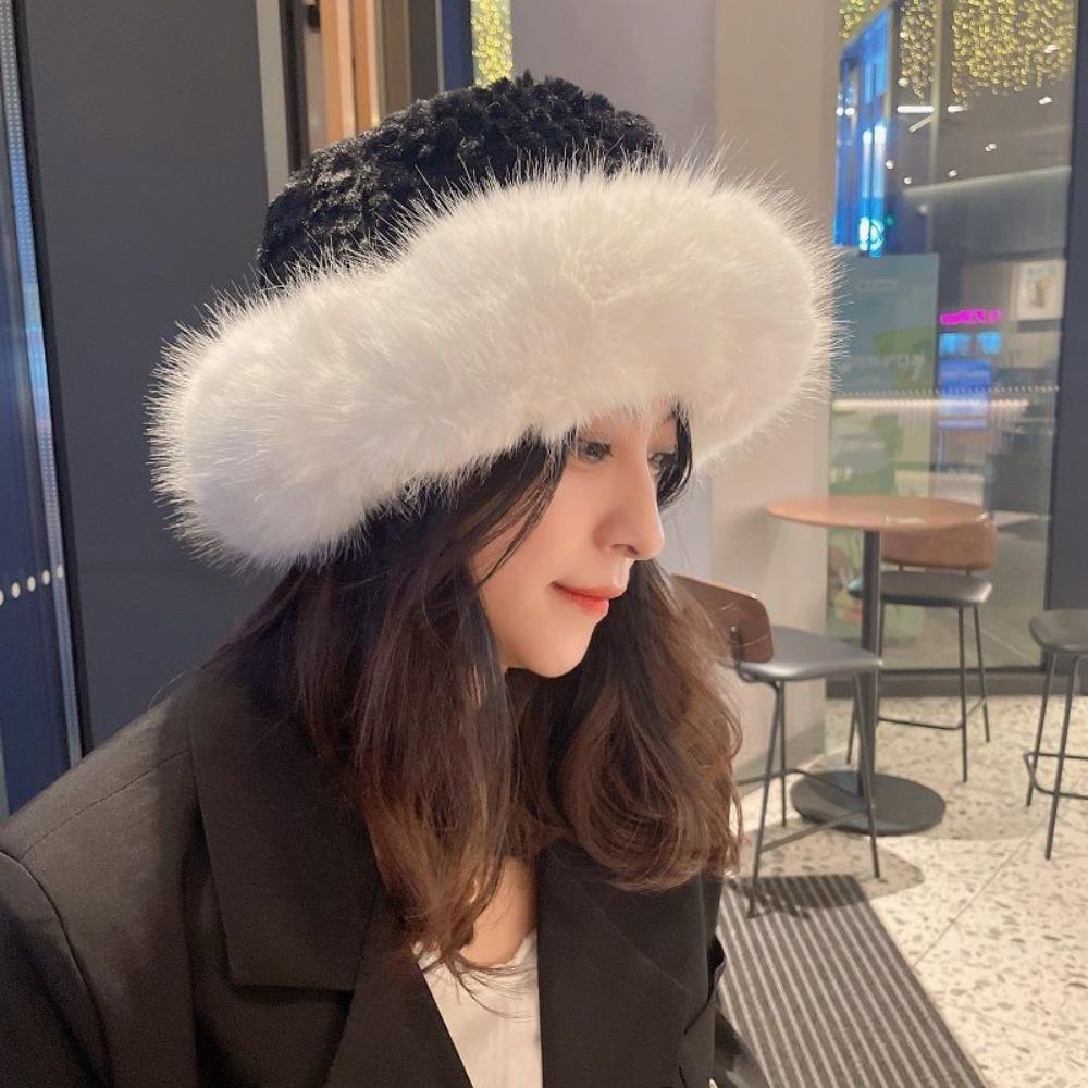 Faux Fur Faux Fur Bucket Hat Thick Fleece Inner Face Slimming Basin Hat  Outdoor Cold Proof