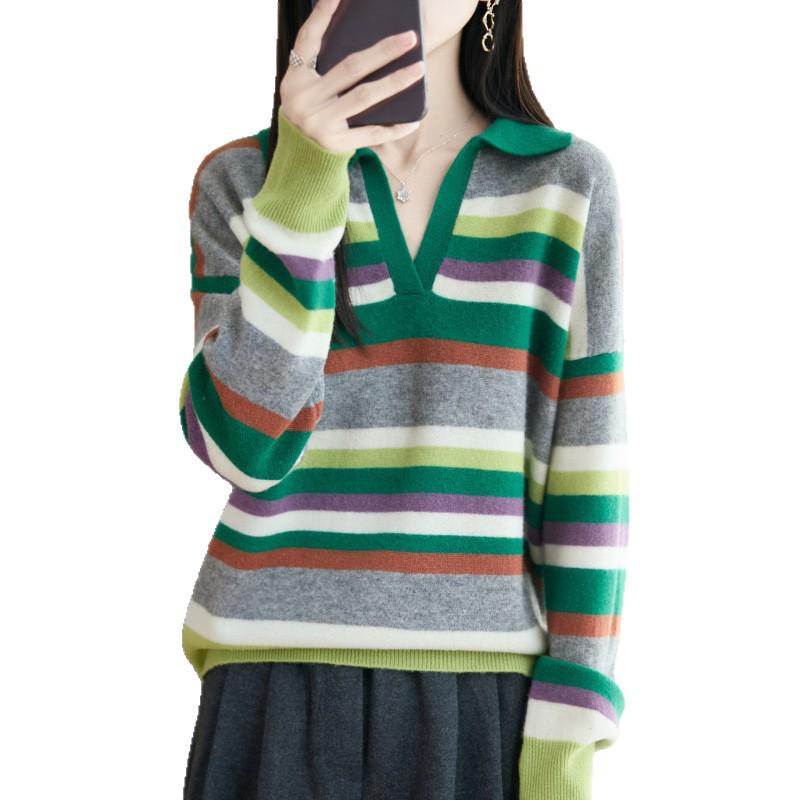Women's Rainbow Striped Polo Collar Wool Sweater - Stylish, Slimming, Autumn/Winter Loose Fit