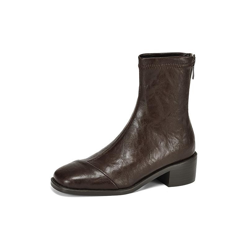 Short boots women's boots 2025 autumn and winter new leather boots with plush thick heels and elastic slimming boots