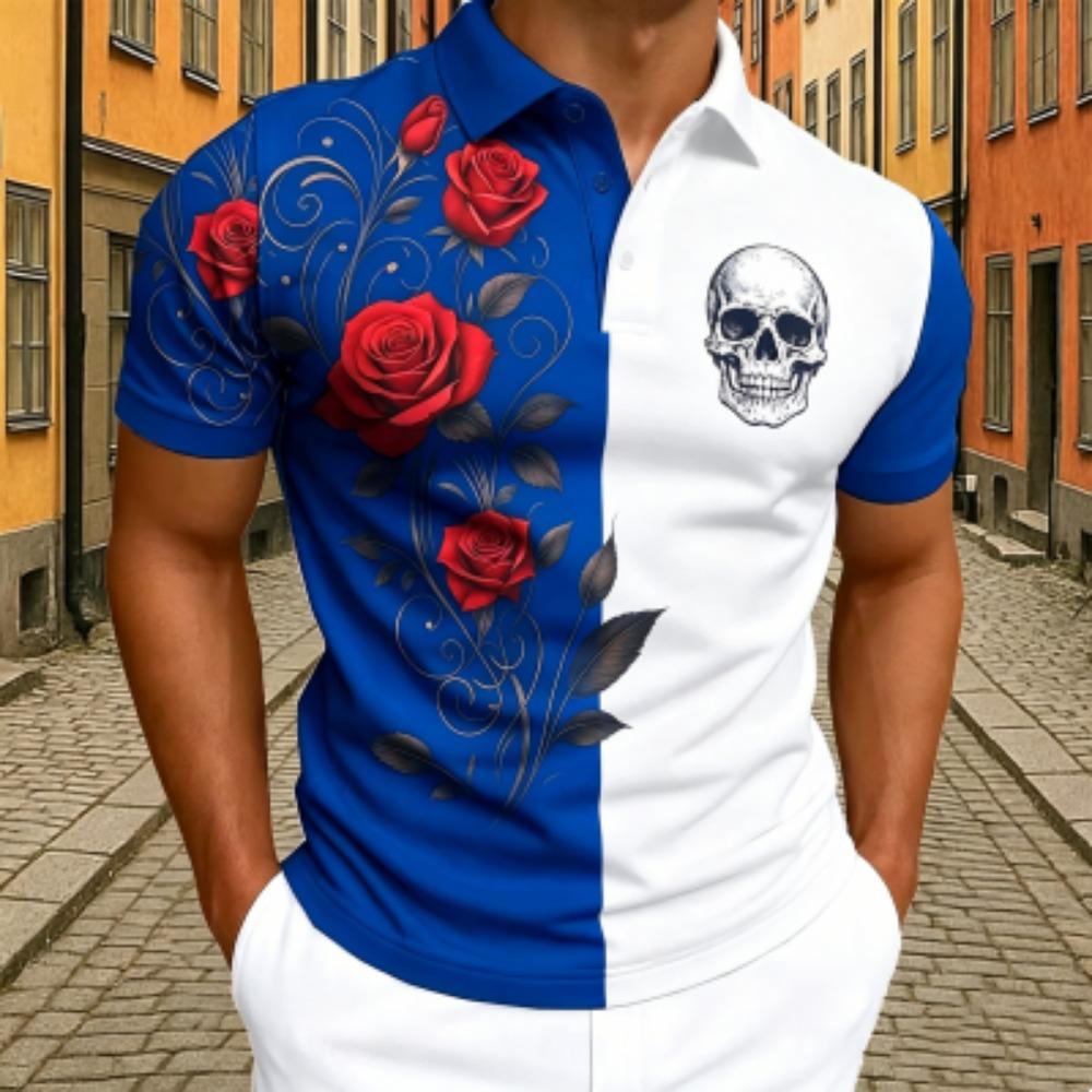 Men's Skull Rose Floral Print Polo Shirt Men's Outdoor Street Short Sleeve Tees Top Summer Home Casual T-shirt Men's and Women's Polo Shirt