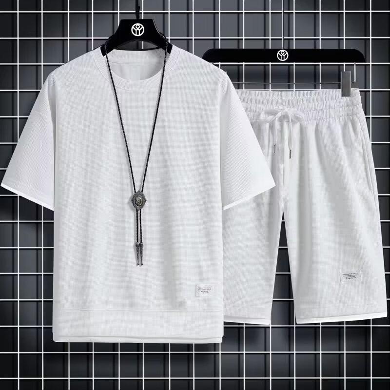 Men's Korean-Style Waffle Summer Casual Shorts and T-Shirt Set