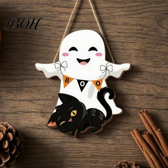 Easy Clean Festive Door Hanger Cute White Ghost Wooden Sign with Black Cat BOO Boho Halloween Room Decoration Banner, Waterproof Front Plaque