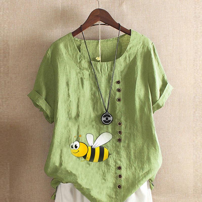 

Женская модная футболка с круглым вырезом и коротким рукавом с принтом пчелы, повседневная рубашка из хлопка и льна с рисунком, свободная летняя блузка для отдыха, топы 5XL зелёный