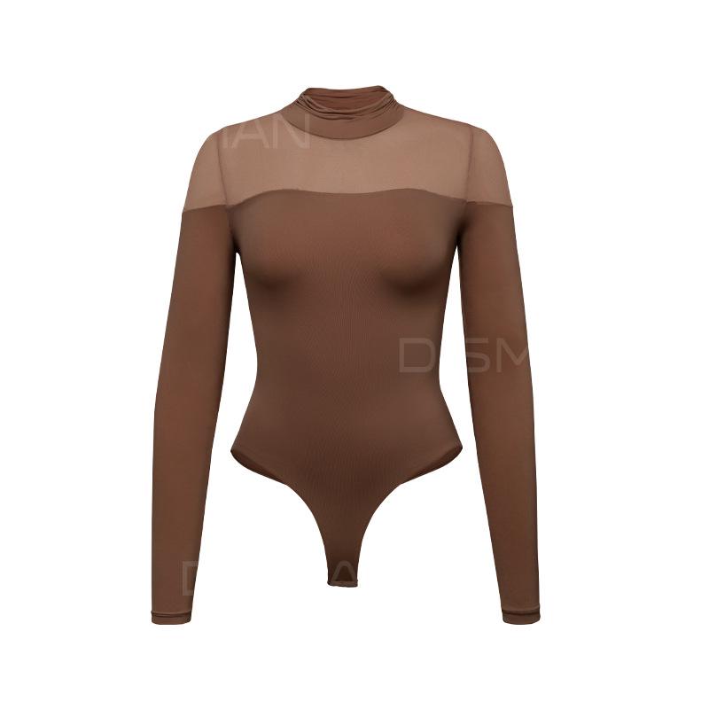 Sexy Mesh Patchwork Slim-Fit Bodysuit with High Neck and Long Sleeves