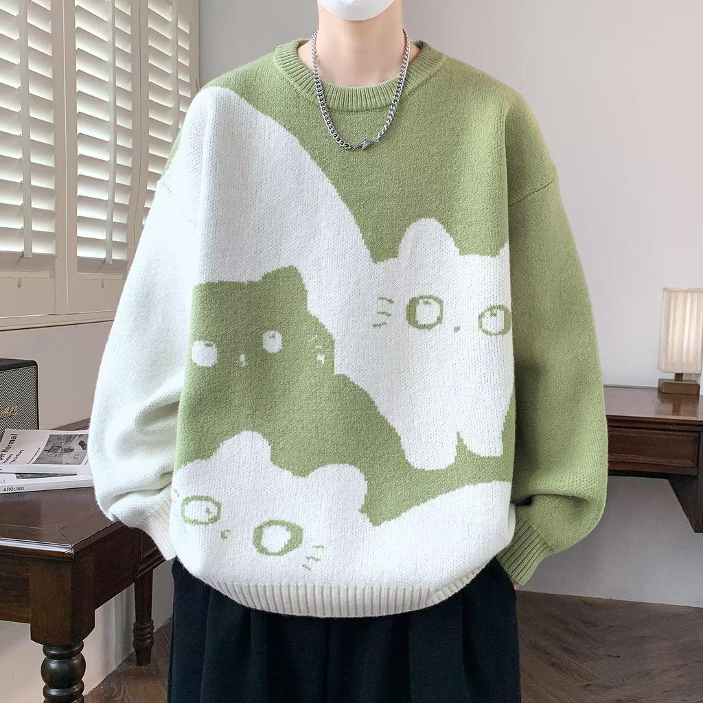 Men's College-Style Thick Knit Sweater with Velvet, Autumn/Winter Cozy Loose Fit
