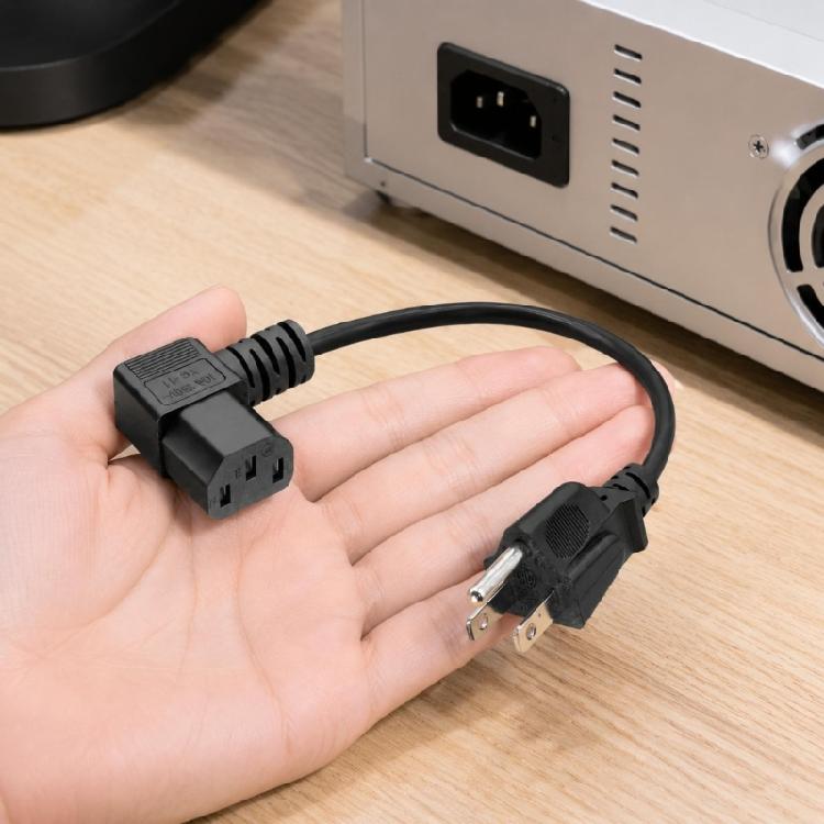 Spare Power Cord for Compatible Consumer Electronics, with a 3-Prong Male End and Left-Angle Three-Slot Female End for Near-Wall Cable Routing