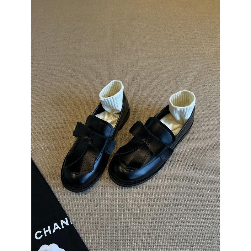 Cowhide Version~ Round Head Bow One Pedal Retro College Single Shoes Low Heel Small Leather Shoes Women