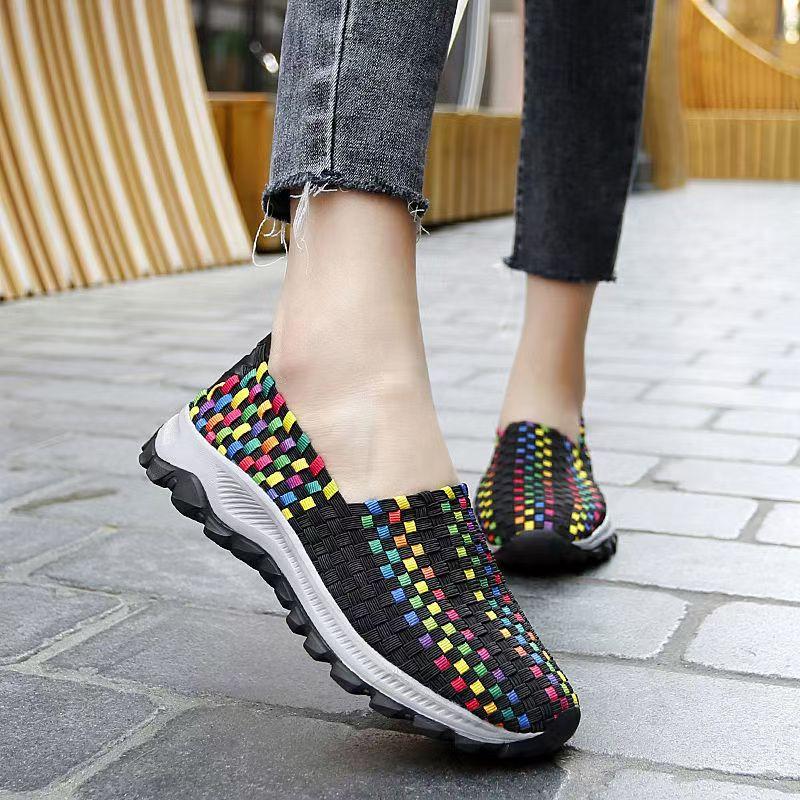 Damen Große Größe Handgewebte Freizeitschuhe Frühling Sommer Neu Dicke Sohle Flach zum Hineinschlüpfen Runde Zehenpartie Lässige Sneaker Laufschuhe