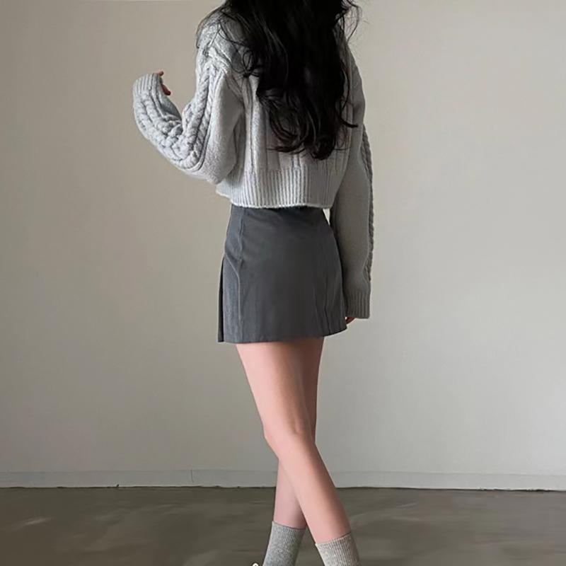 Women Double Zipper Sweater Lapel Short Pullover Crochet Fabric Solid Color Knitted Cardigan Casual Elegant Coat Fall Winter
