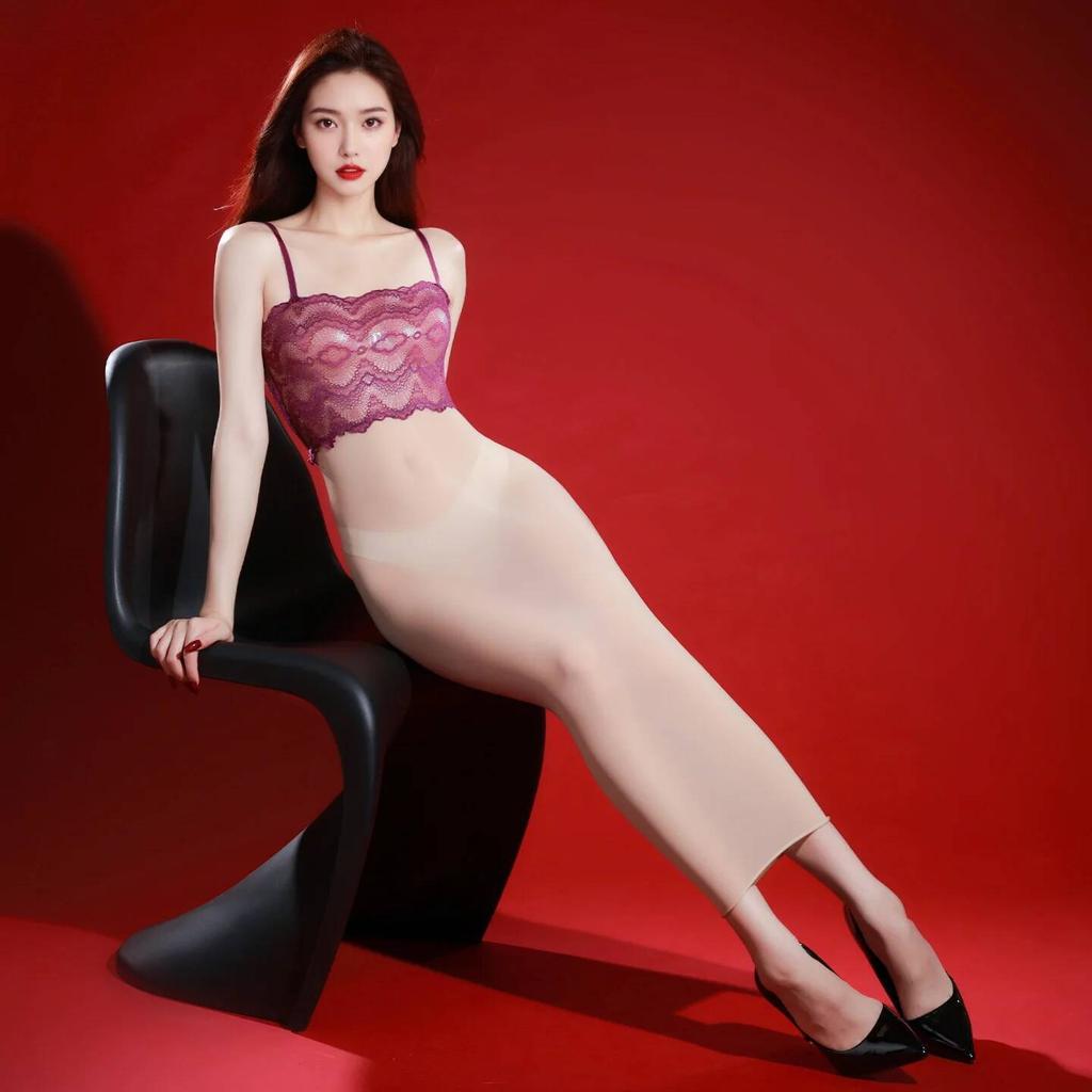 Sexy Seamless Tube Top Strapless Sheer Long Dress Elegant 5D Ultra-thin Glossy Silky Tight-fitting Nightdress Mesh Lace D7E0