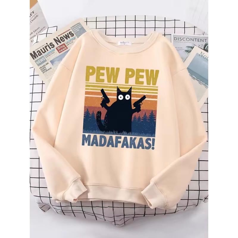 

Cartoons Cat Pew Pew Madafakas Funny Women s Hoodies Fashion All-match Hoodie Warm Fleece Hoody High Quality Clothes S бежевый