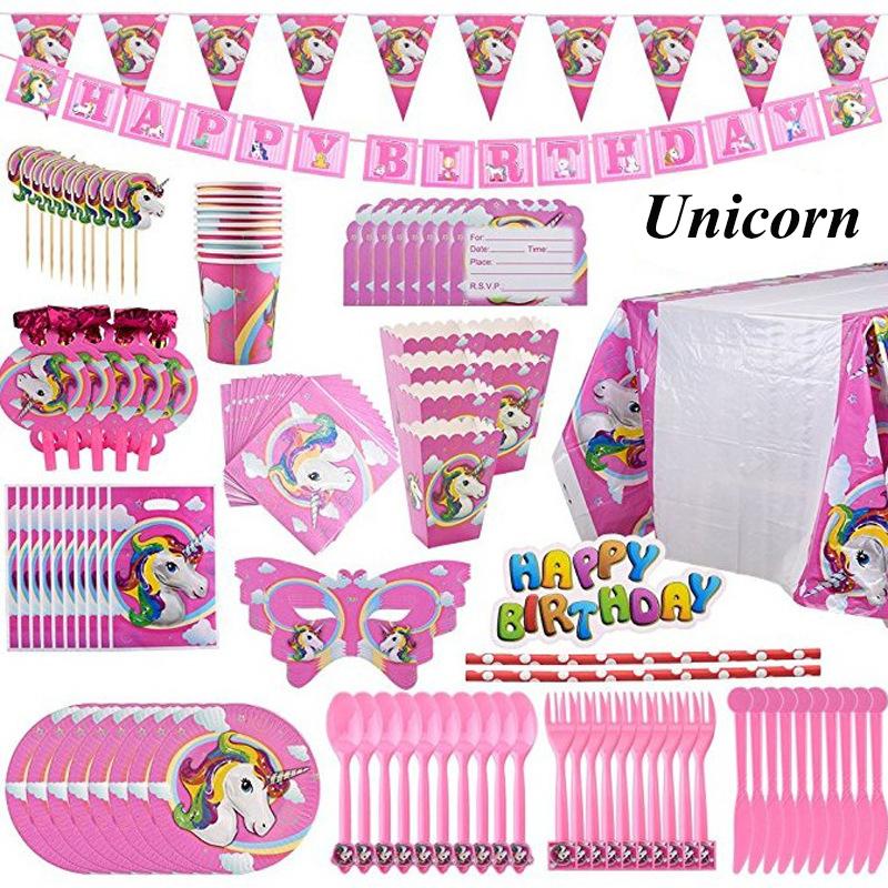 Unicorn Party Supplies Tableware Set Unicorni Paper Cup Plate Cake Topper Kids Happy Birthday Party Baby Shower Girl Decorations