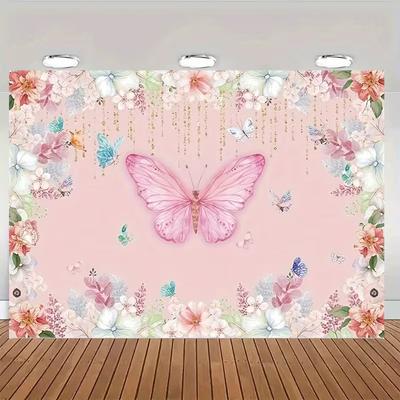 2D Flat Printing Party Backdrop Whimsical Pink Butterfly Scene with Floral Border