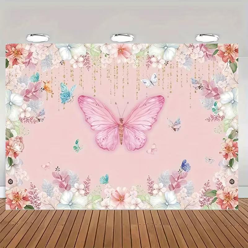 2D Flat Printing Party Backdrop Whimsical Pink Butterfly Scene with Floral Border