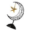 Eid Mubarak Ramadans Handheld Moon and Star Metal Hollowed Ornament Decors with Base for Muslims Islamic Party Supplies