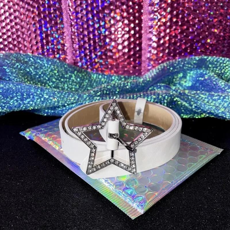 

Y2K Pink Star Buckle Belt Women Y2K Elastic Binding PU Leather Waistband Sparkling Zircon Retro Full Drill Bride Decoration Gift белый