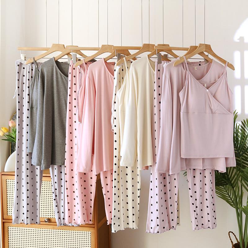 Postpartum Spring/Summer Modal Three-Piece Set: Long Sleeve & Pants for Breastfeeding