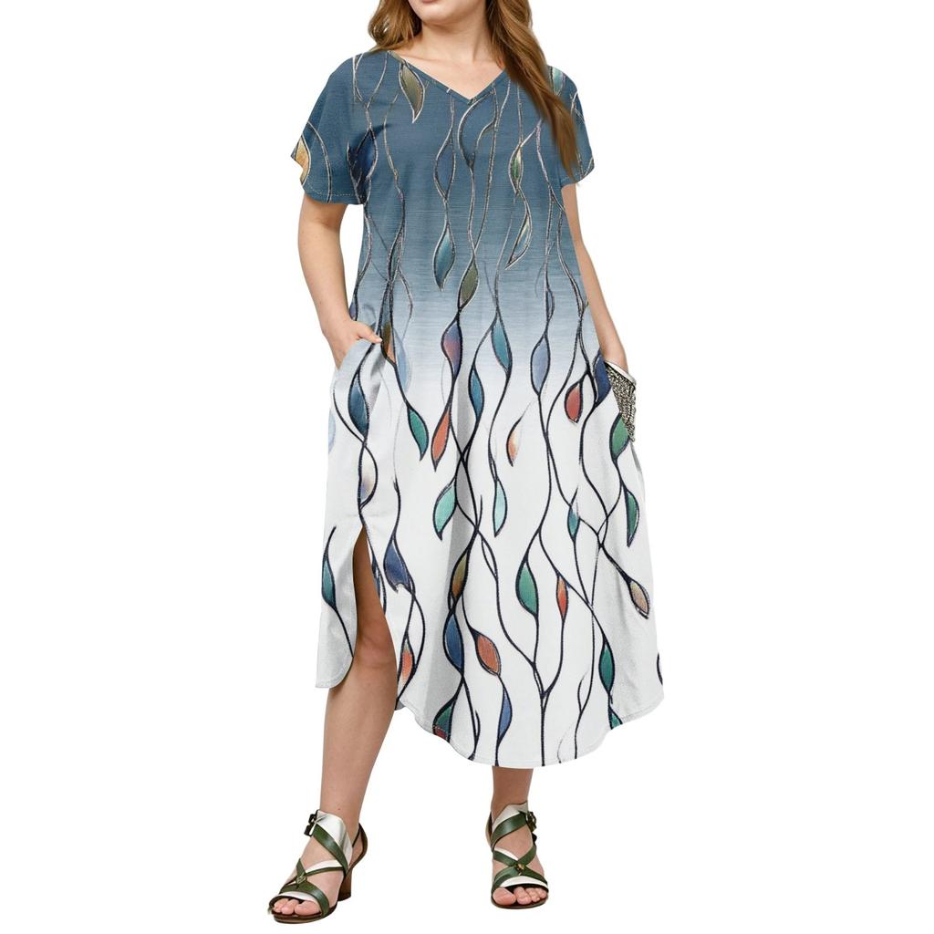 Moteriška temperamentinga trumpomis rankovėmis laisvalaikio suknelė su O formos kaklu ir didesniu dydžiu