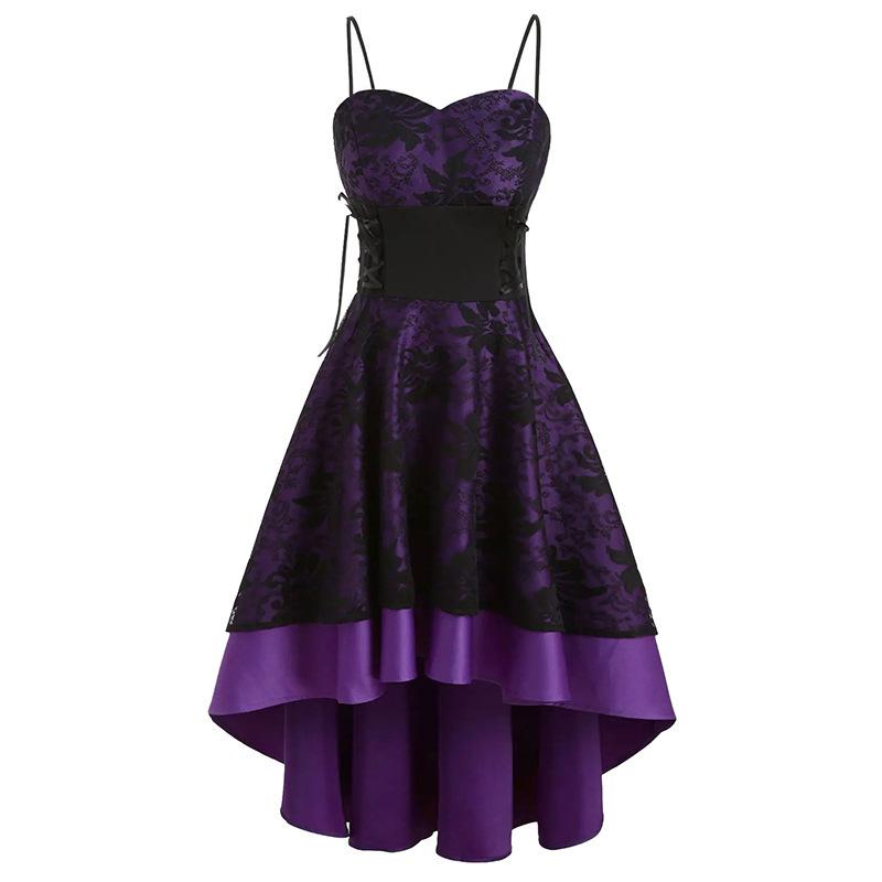 Damen Vintage Gotisches Spitze Abschlussballkleid Spaghettiträger Herz Ausschnitt Korsett Schnürung Hoher Niedriger Saum Ausgestellt A-Linie Abendparty Cocktail Formelles Kleid