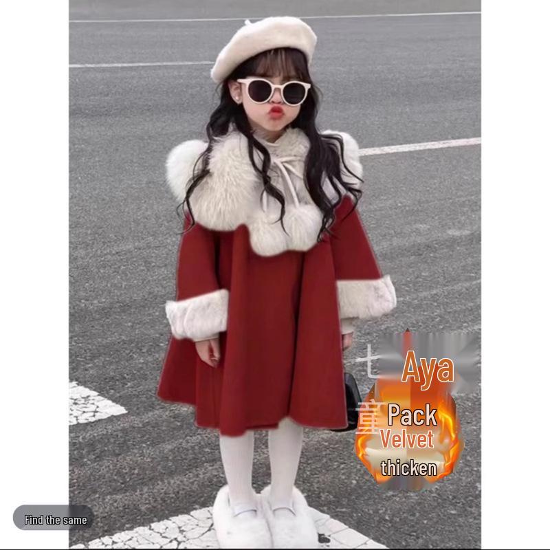 Dívčí vlněný flísový kabát s velkým kožešinovým límcem, korejský styl, silný, módní, na podzim/zimu 2024