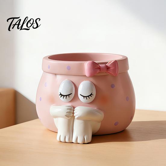 Pink Aesthetic Decor Cute Cartoon Girl Pen Holder, Resin Makeup Brush Decorative Desktop Ornaments Organizer with Bow Design, Sundries Storage Bucket