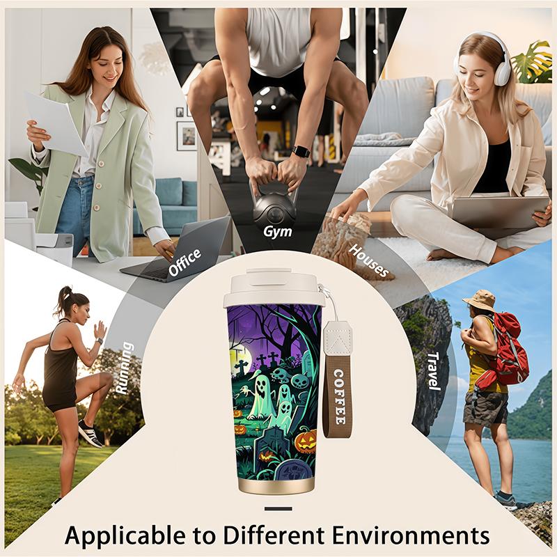 532ml Coffee Cup Halloween Moon Graveyard Ghost Tree Tombstone MotifPortable Thermos Carrier Strap Travel Cup Metal Travel Cup