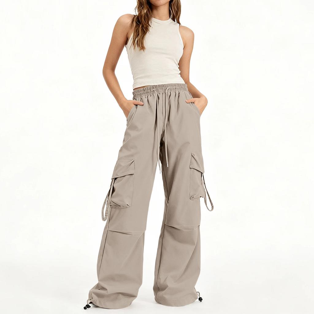 Damskie spodnie cargo z wieloma kieszeniami, luźne, codzienne, kolorowe spodnie