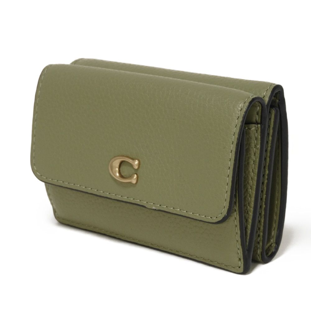 Used 9726 Mini Trifold Wallet CM437 7942 Current C Logo Khaki Green Polished Pebble Unused C Mark Moss Unisex from
