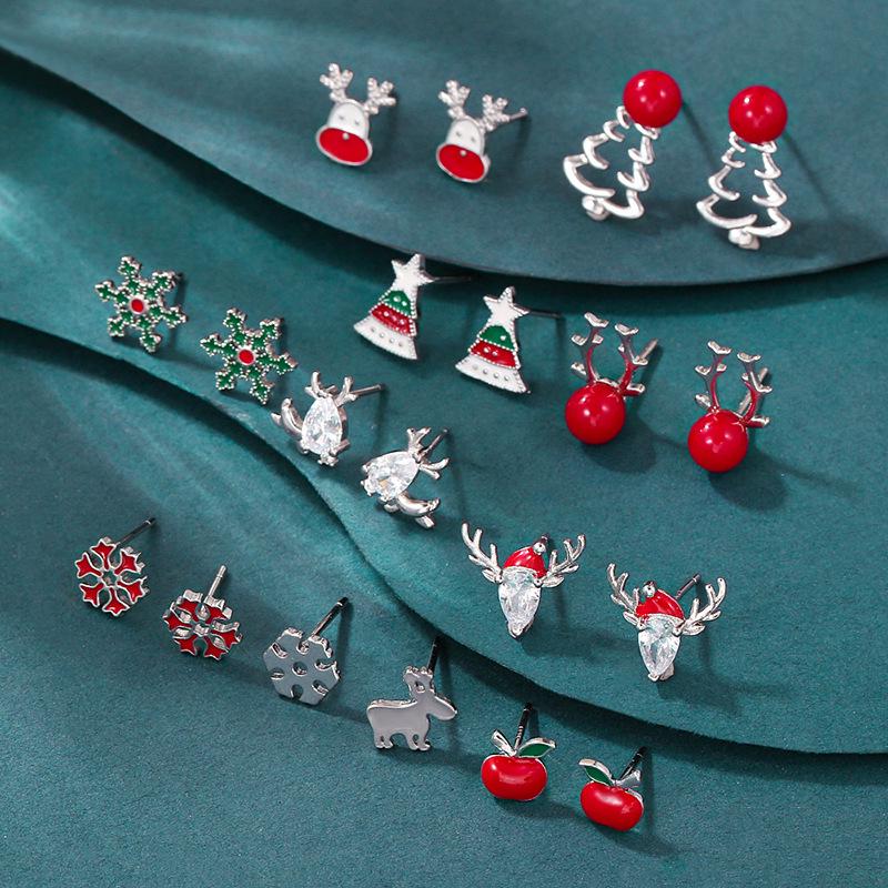 European & American Christmas-Themed Red Enamel Reindeer Santa Claus Stud Earrings for Women