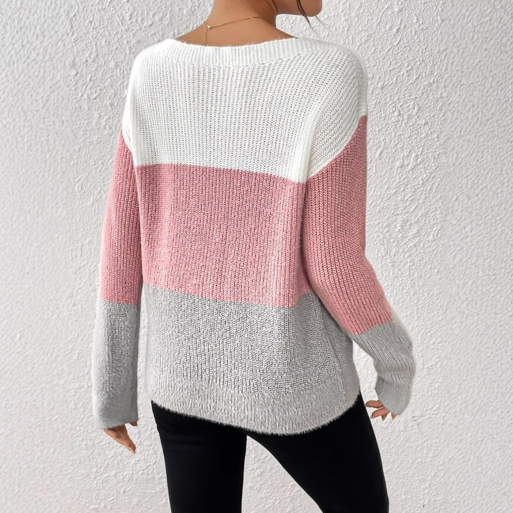 Spring Autumn Women's Color Block Patchwork Knit Sweater, Crew Neck Long Sleeve Pullover Top